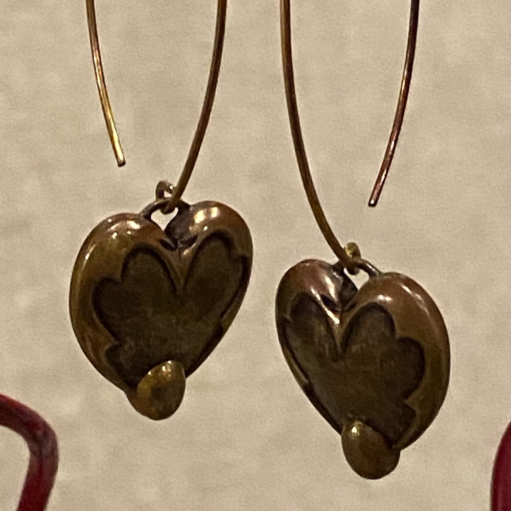 Antique brass heart drop earrings
